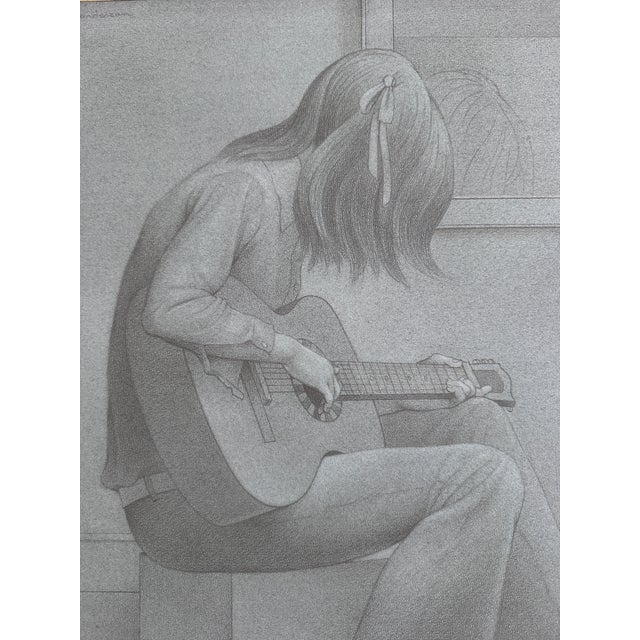 1970s Original Signed Henderson "Study for Guitar" Pencil and White Wash Sketch in Grey Linen and Gold Matting For Sale - Image 4 of 14