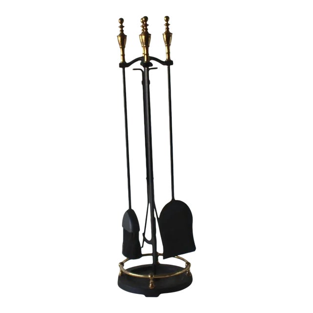 Pilgrim Vintage Mid-Century Brass Black Iron Fireplace Tool Set With Stand- 5 Pieces For Sale