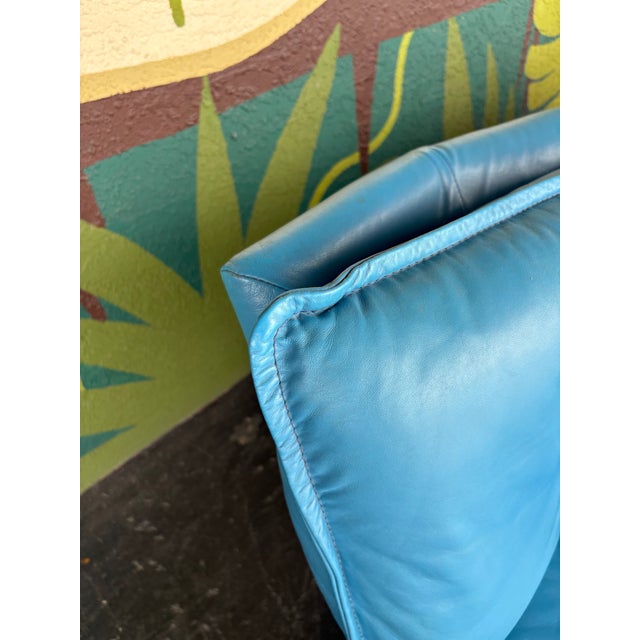 Vintage Postmodern Italian Nicoletti Attrb Blue Leather Sofa For Sale - Image 11 of 12