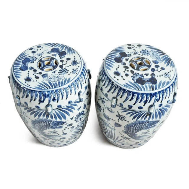 2020s Indigo Blue Fish Floral Ceramic Stool For Sale - Image 5 of 10