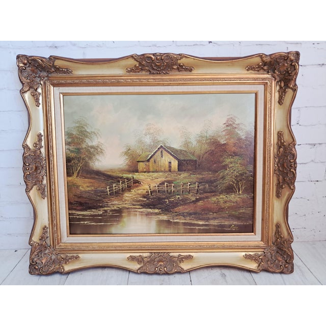 Rustic Vintage Woodland Lake Oil Painting on Canvas, Gold Frame, Signed, 1980s, Large For Sale - Image 3 of 18