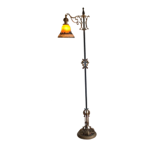 American Chinoiserie 1910 Vintage Bridge Floor Lamp With Hand-Painted Glass Shade