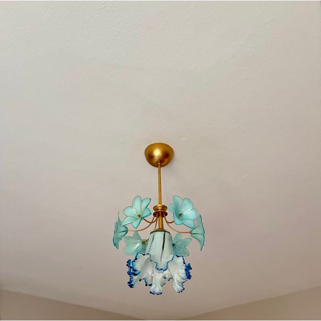 Vintage Custom Hand-Painted Italian Murano Style Light Blue Floral Pendant - Restored For Sale - Image 11 of 17