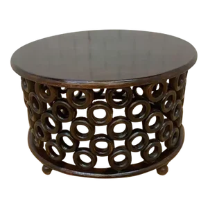 Vintage Modern Tribal Style Carved Ring Circular Drum Coffee Table
