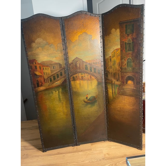 Antique Italian Ponte Rialto Handpainted Parchment Leather Floor Screen For Sale - Image 14 of 18