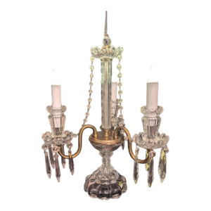 Girandole Table Lamp or Candelabra. 1940's Original Czechoslovakian Crystals With Bulbous Base, Rewired