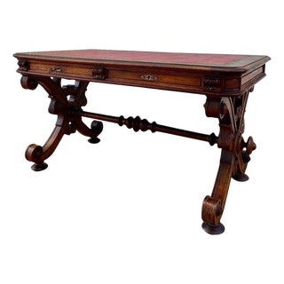 Spanish Baroque Revival Writing Table with Lyre Legs and Leather Top, 1920s For Sale