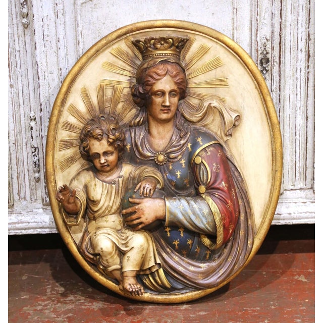 Late 19th Century 19th Century Spanish Carved Polychrome and Painted Madonna and Child Wall Plaque For Sale - Image 5 of 7