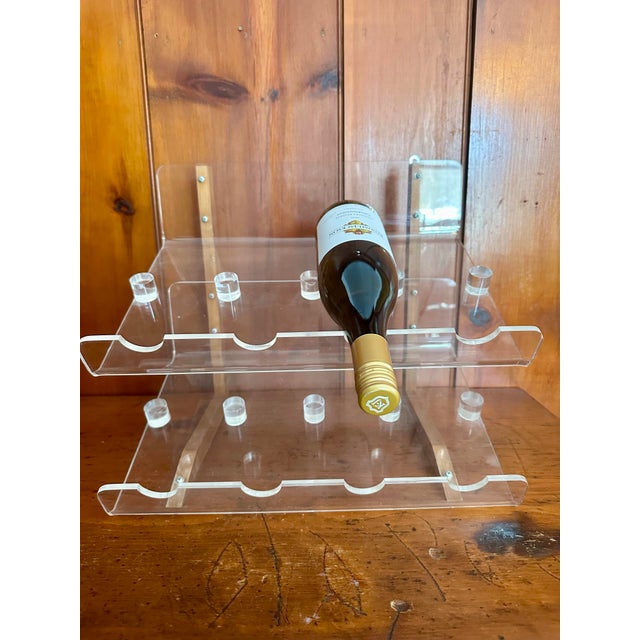 Vintage 1980s lucite and wood wine rack, a modern minimalist acrylic bar cart accessory, shelf display, with sculptural...