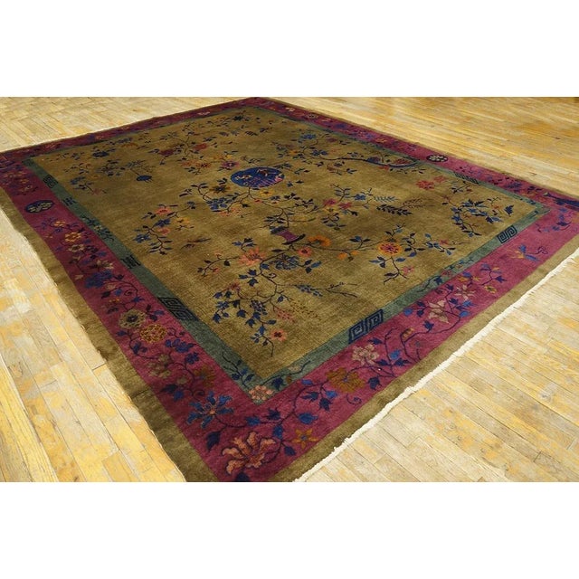 Art Deco Outstanding Tan Tupe and Purple Color With Flower Design Antique Chinese Art Deco Rug For Sale - Image 3 of 11