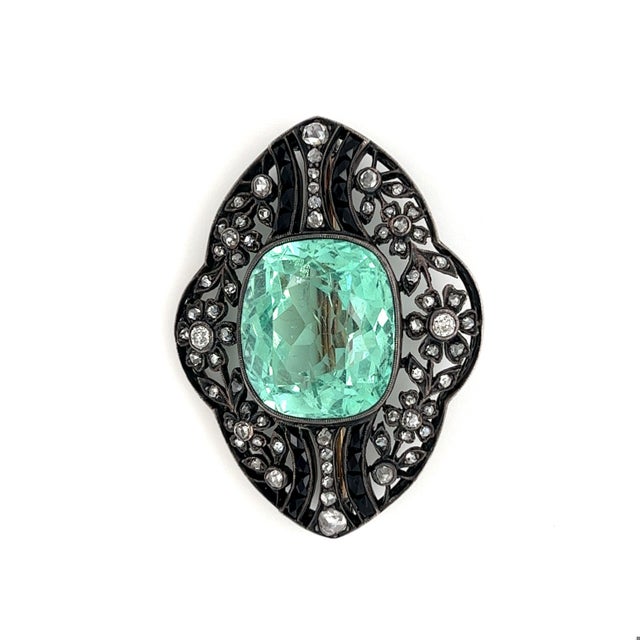 Art Nouveau AGL Certified No Heat Ural Mountain Russian Beryl Brooch in 14k For Sale - Image 3 of 5