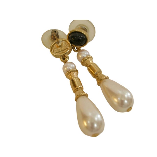 Modern 1980s Richelieu Black Onyx Gold Plated Glass Peal Drop Earrings, 2 Pieces For Sale - Image 3 of 3