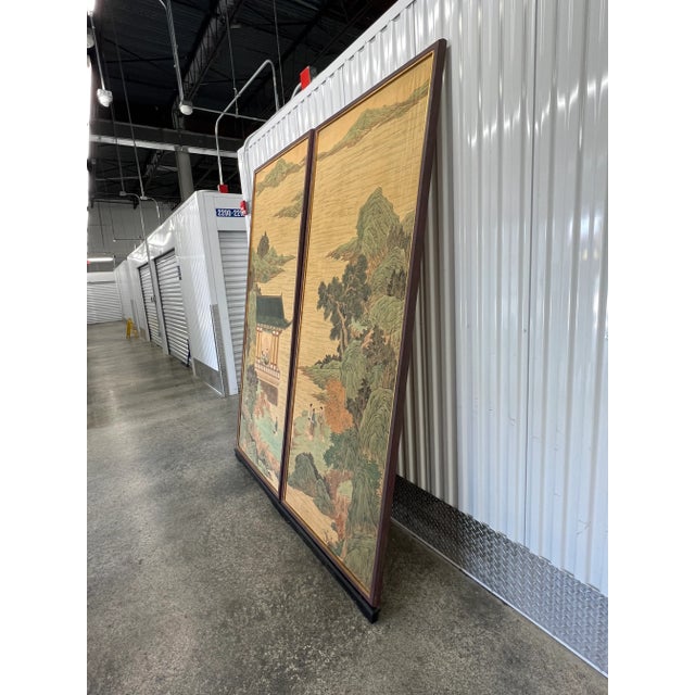 Green Large Chinese Paintings on Rice Paper Mounted on Wood - A Pair For Sale - Image 8 of 13