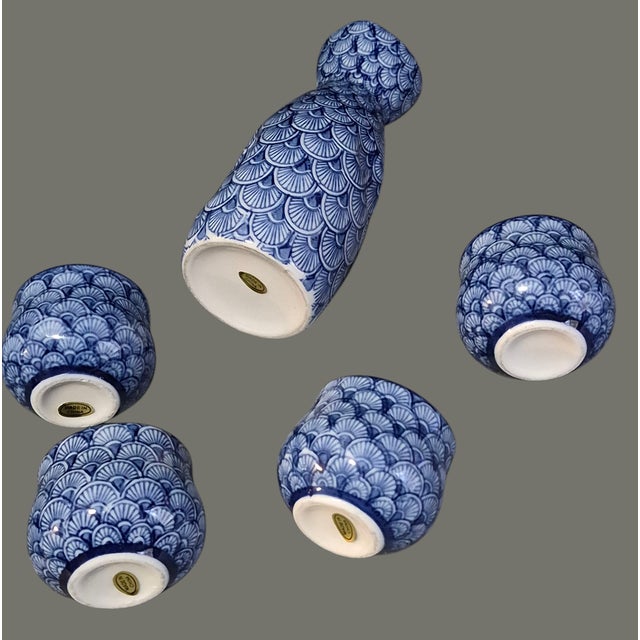 Vintage Chinese Blue & White Sake Set Carafe & 4 Cups For Sale - Image 6 of 9