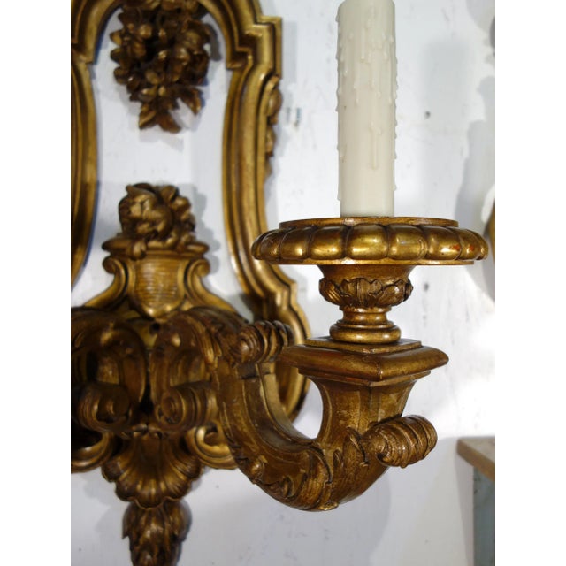 Louis XIV Baroque Style Italian Carved Giltwood Sconces, circa 1930 - a Pair For Sale - Image 9 of 12