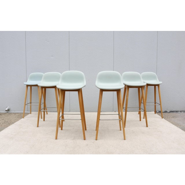 Danish Iskos-Berlin for Muuto Blue Leather Fiber Bar Stools Wood Base - Set of 6 For Sale - Image 9 of 18