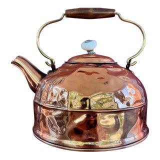 Vintage Hammered Copper Tea Kettle With Wood Grip and Porcelain Finial For Sale