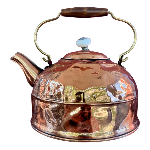 Vintage Hammered Copper Tea Kettle With Wood Grip and Porcelain Finial For Sale