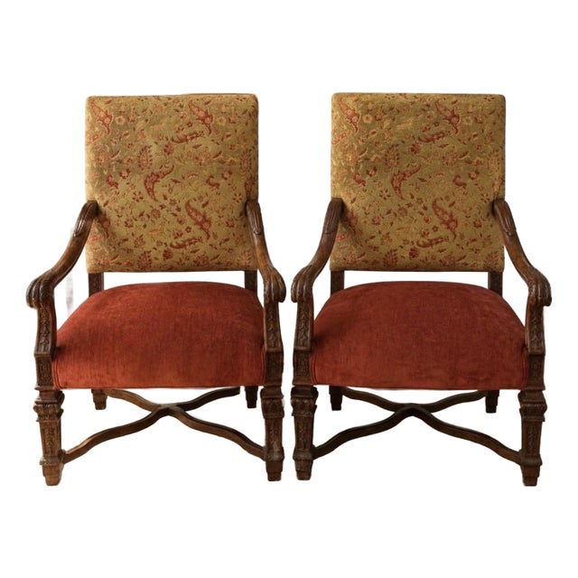 Pair of Vintage Baroque Style Carved Wood Armchairs With Floral Upholstery & Rust Seats For Sale