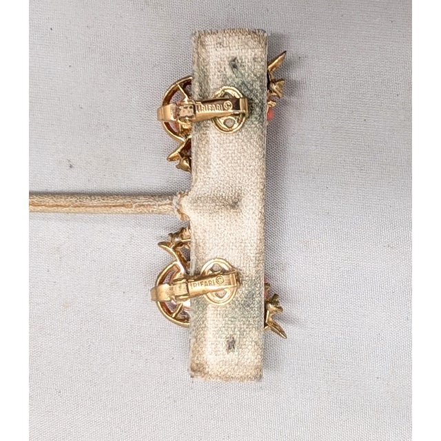 Pink Vintage 1950s Signed Crown Trifari Goldtone Faux-Coral Melon Rhinestone Clip Earrings-2 Pieces For Sale - Image 8 of 8