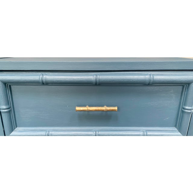 Chinoiserie Vintage Blue Faux Bamboo Wooden Nightstands - A Pair For Sale - Image 3 of 9