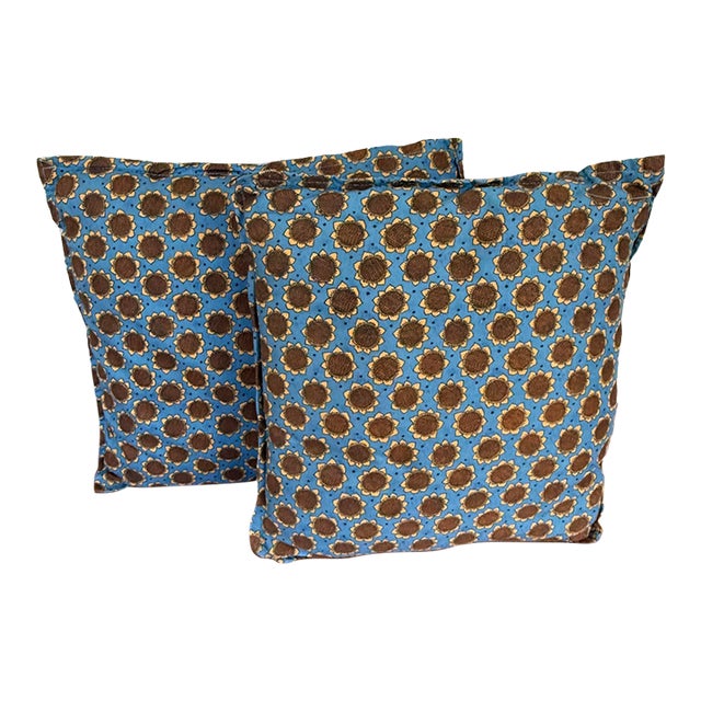 1970s Handmade Blue Sunflower Print Pillows, a Pair For Sale