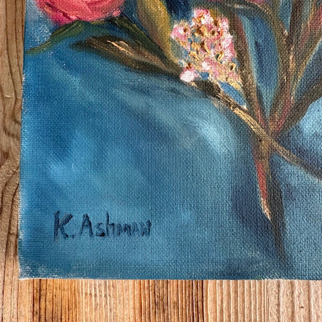 Small Contemporary Roses With Gold Accents & Teal Background, Painted on Linen Style Canvas by American Artist Kristin Ashman. “Golden Teal.” For Sale In San Antonio - Image 6 of 9
