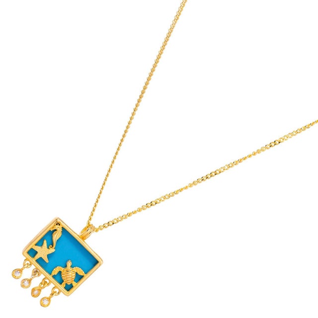 Starfish Ocean Spirit Animal Turquoise & Gold Pendant Chain Necklace For Sale - Image 9 of 12