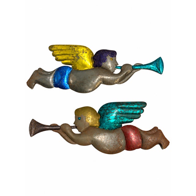 Vintage Painted Tin Trumpeting Angels in Mexican Folk Art Style — Pair For Sale - Image 10 of 10