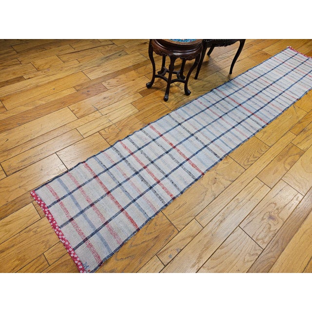 American Vintage American Rag Runner, Handwoven Wool & Cotton, Indigo Stripe Pattern, 2x11 For Sale - Image 3 of 12