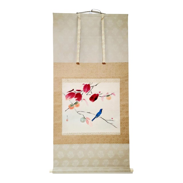 Japanese Hanging Scroll by Mori Shumei “Bird and Persimmon Tree” – Kakemono of Late Meiji – Early Showa Period With Wood Storage Box For Sale