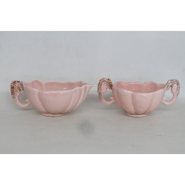 Pink Mid 20th Century Pink Ceramic 3pc Set Tray Sugar Creamer With Gold Sea Horse Handle Design For Sale - Image 8 of 13