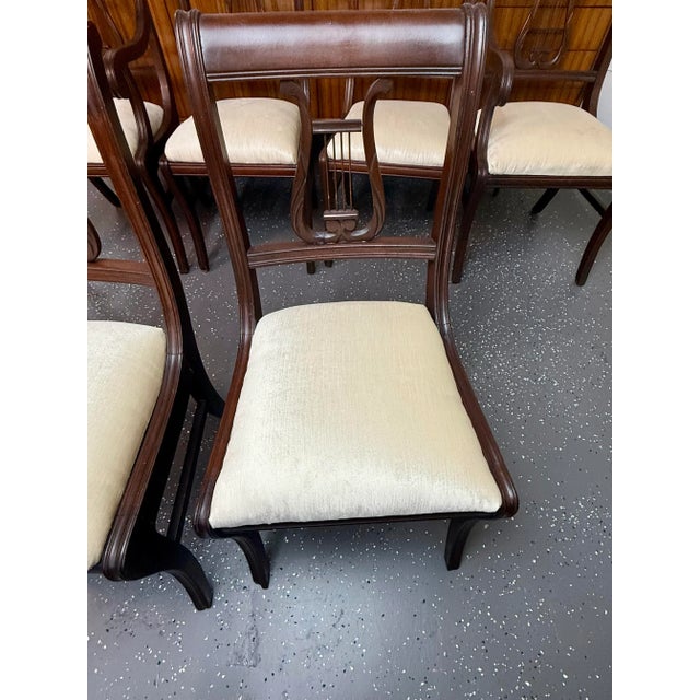 1940's Reupholstered Mahogany Kilsmos Lyre Back Dining Chairs (6) For Sale - Image 10 of 11