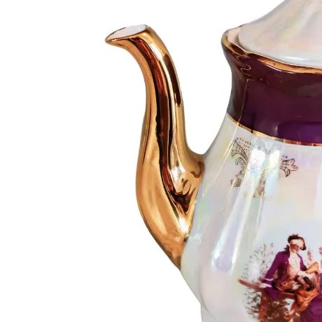 Victorian 1950s Gna Hand Painted Victorian Courtship Iridescent Fine Porcelain Tea Pot For Sale - Image 3 of 9