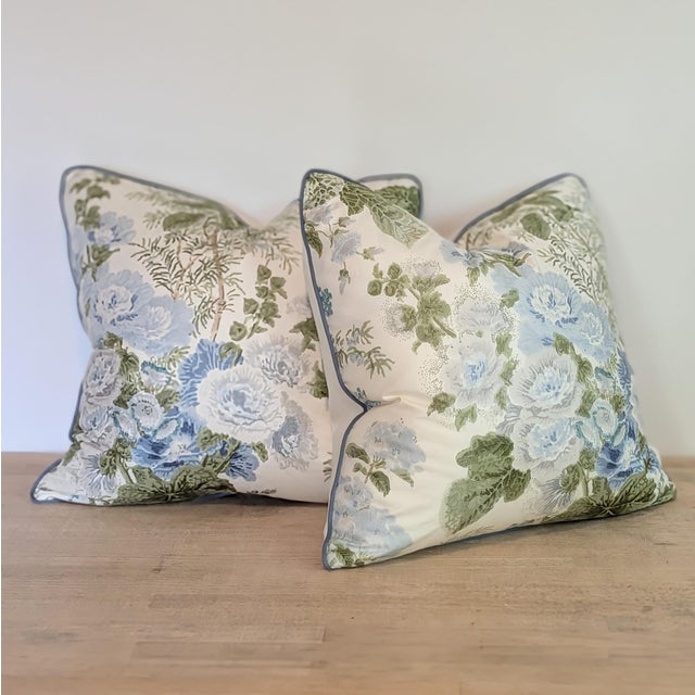 Traditional Lee Jofa Hollyhock Cotton Chintz Pillows in Blue/Leaf - Pair For Sale - Image 3 of 7
