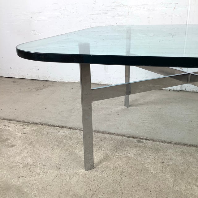 1970s Mid-Century Glass Coffee Table With Sculptural Chrome X Base For Sale - Image 5 of 12