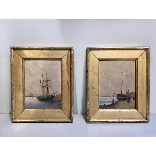 Boats in the Harbor. Oil Paintings on a Panel, Framed, Set of 2 For Sale - Image 10 of 10
