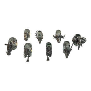 Vintage Safari African Wildlife Animals Handblown Glass & Pewter Napkin Rings - Set of 8 For Sale