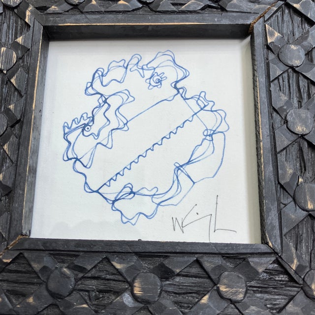Original 4 x 4 blue ink drawing on paper signed bottom right Overall size with tabletop frame is approximately 7.5 x 7.5
