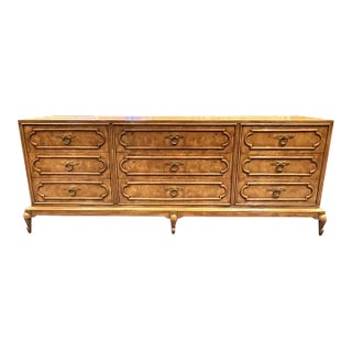 1970s Mastercraft Burlwood 9-Drawer Dresser W/ Brass Ring Pulls For Sale