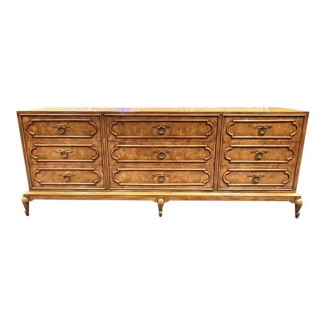 1970s Mastercraft Burlwood 9-Drawer Dresser W/ Brass Ring Pulls For Sale