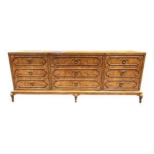 1970s Mastercraft Burlwood 9-Drawer Dresser W/ Brass Ring Pulls