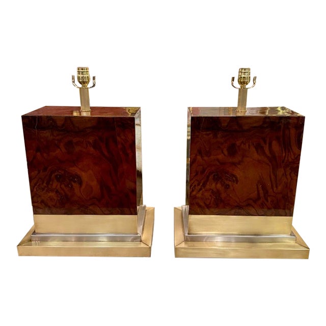 Pair of Modern Burlwood and Brass Lamps For Sale