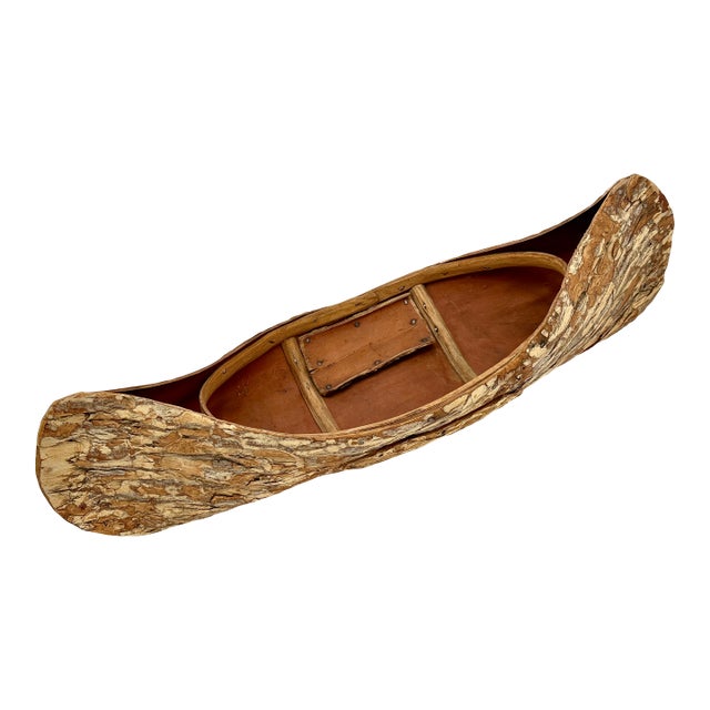 Excellent Large Size Antique Hand Made Maine Indian Tree Bark Canoe Model - 22 Inches Long For Sale