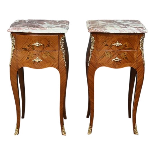 Louis XV Style Marquetry Bedside Tables, 1960s, Set of 2 For Sale
