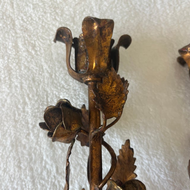 Metal Antique Italian Gilded Tole Candlesticks For Sale - Image 7 of 8