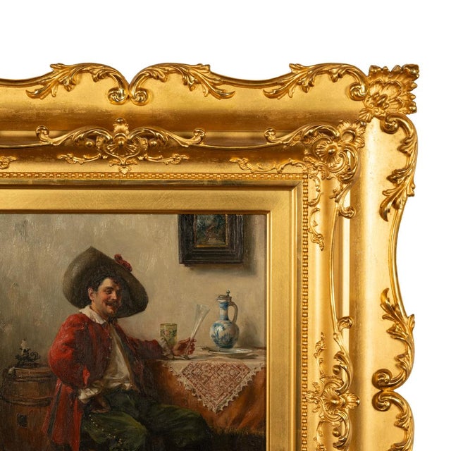 Late 19th Century Antique German Genre Oil Painting Portrait Cavalier Drinking Wine by Albert Friedrich Schroder, 1899 For Sale - Image 5 of 14