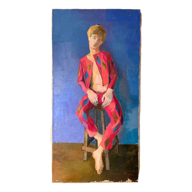 Portrait of a Harlequin, France, 1970s, Oil & Oil on Canvas For Sale