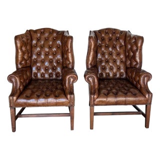 Georgian Wingback Armchairs, Leather Upholstery, Circa 1940s For Sale