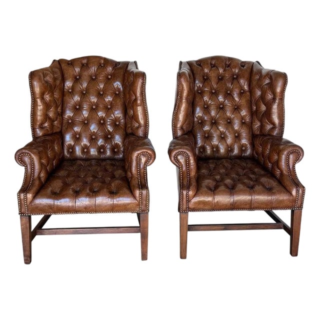 Georgian Wingback Armchairs, Leather Upholstery, Circa 1940s For Sale